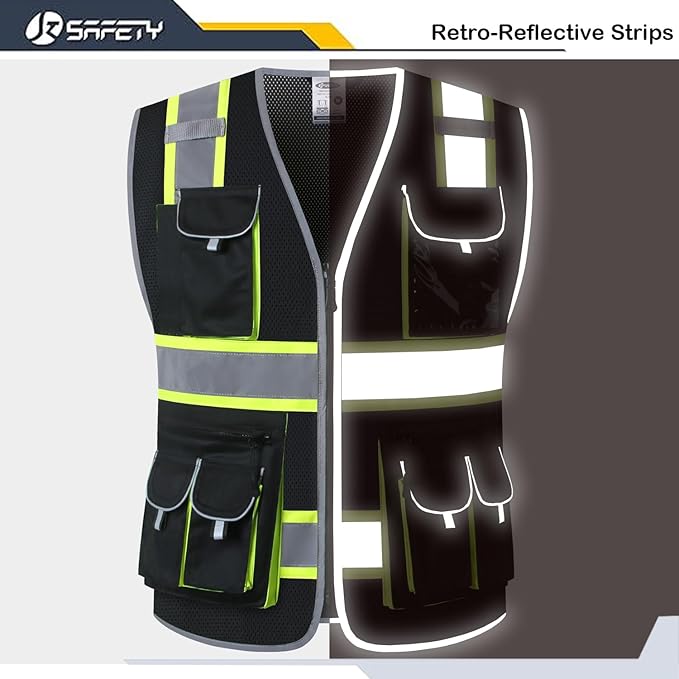 JKSafety 10 Pockets Hi-Vis Neon Color Frontal Zipper Mesh Safety Vest for Men Women Safety Utility for works Comply to ANSI/ISEA Standards (86-Black M)