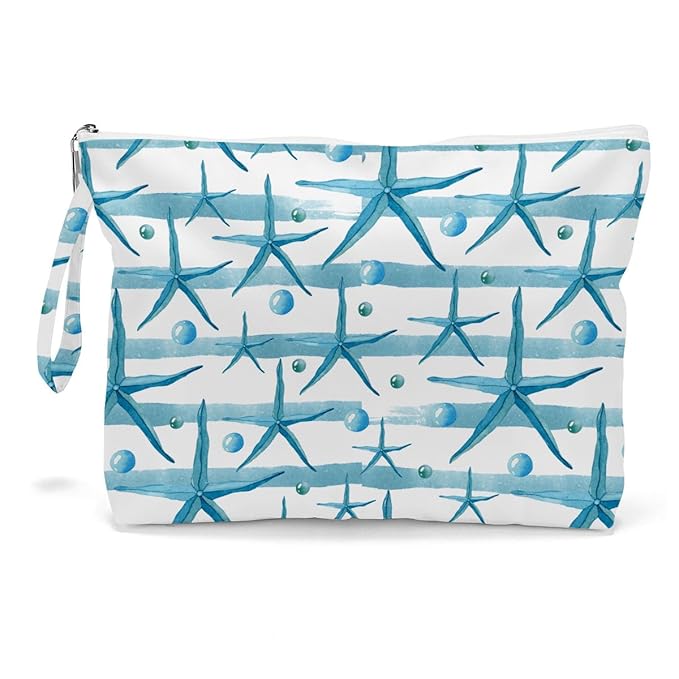 Fokongna Wet Dry Bag for Swimsuit, Beach, Pool, Diapers, Yoga, Gym Clothes - Waterproof, Zipper Pouch - Starfish & Bubbles Pattern - Unisex Adult - Travel