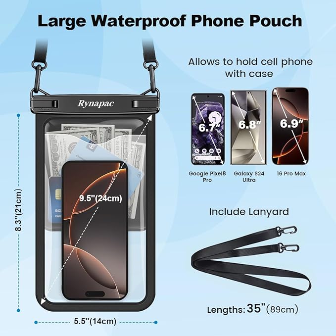 [Up to 10"] Large Waterproof Phone Pouch Bag - 2 Pack Waterproof Phone Case for iPhone 16 15 14 13 Pro Max Galaxy S25 S24 Ultra, IPX8 Cellphone Water Protector Pouch Beach Essentials Travel Must Haves