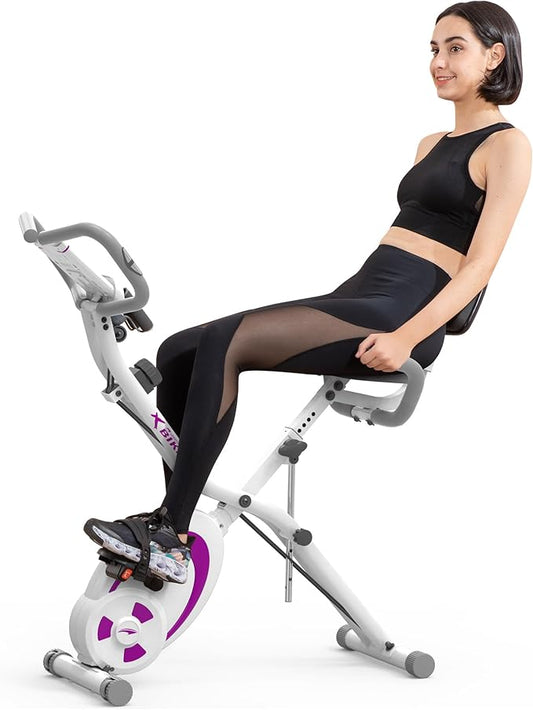 leikefitness Folding Stationary Bike Recumbent Exercise Bike w/Arm Resistance Bands-Pulse Sensor-LCD Monitor and Easy to Assemble Indoor Cycling Bike 2280