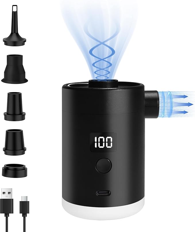 Portable Air Pump for Inflatables: Type-C Rechargeable with 4000mAh Battery Lightwight Ultra-Fast Inflate Deflate Electric Air Pumps with Camping Light for Sleeping Pads, Pool Toys, Floats