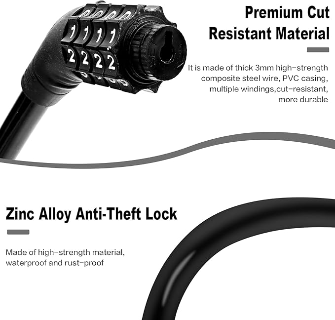 Bike Lock Cable, Bicycle Lock, Bike Locks Heavy Duty Anti Theft, Combination Cable Lock for Outdoor Equipment, Black (2Ps, 2Ft, Reset Combo)
