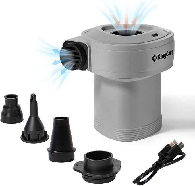KingCamp Air Pump for Inflatables, Portable Quick-Fill Inflator/Deflator Air Mattress Pump Electric Air Pump with 4 Nozzles for Outdoor Camping Mat & Sleeping Pad