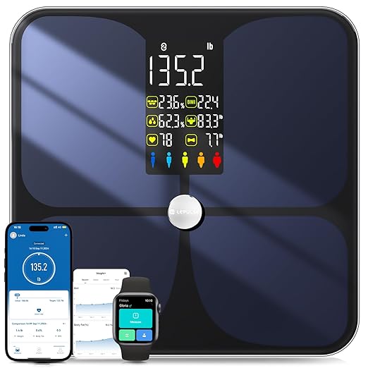 Lepulse Smart Scale for Body Weight, Digital Bathroom Weight Scale with BMI Muscle Mass 20 Body Composition Metrics, Large Display Body Fat Scales, Heart Rate, Accurate Bluetooth Weighing with App