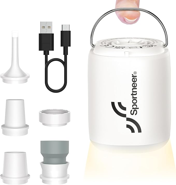 Sportneer Mini Air Pump: 1600mAh Rechargeable Air Pump for Inflatables with Hook, Magnetic and Light Function, Air Mattress Pump for Pool Floats, Sleeping Pads, Swimming Ring, Vacuum Storage Bags