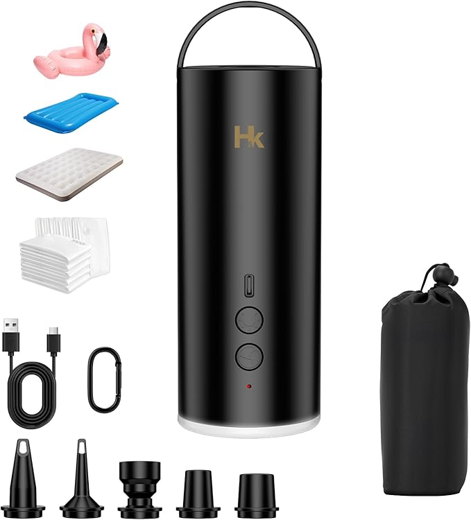 HK Air Pump for Inflatables, Air Mattress Pump 4000mAh Battery & Camping Light, USB Rechargeable Electric Mini Air Pump Inflate Deflate for Pool Floats, Vacuum Storage Bags