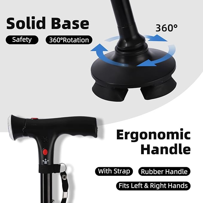Walking Stick，Walking Canes for Women & Men，Folding Cane with Led Light and Alarm, with Side Handle, Collapsible Cane Lightweight, Free Self Standing Foldable Stick for Seniors & Adults