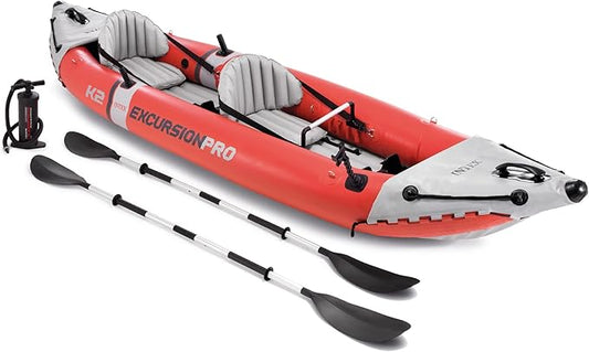 INTEX 68309EP Excursion Pro K2 Inflatable Kayak Set: Includes Deluxe 86in Kayak Paddles and High-Output Pump – SuperTough PVC – Adjustable Bucket Seat – 2-Person – 400lb Weight Capacity