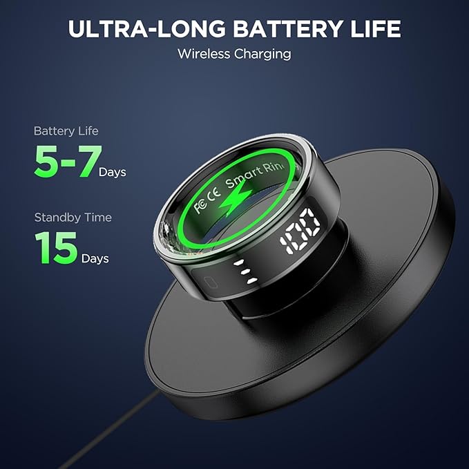 Smart Ring Health Tracker with Display Screen, Sleep Tracker Ring with Heart Rate, Fitness Ring Step tracker for Activity Monitoring/Steps/Calories,Wireless Charging, for iOS Android (Silver,11#)