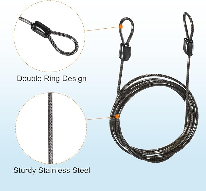 MECCANIXITY Security Steel Cable Lock, Safety Cable Flexible Wire Rope Luggage Lock 6.5feet 2.5mm Vinyl Coated Braided Steel with Double Loop for Bike Bicycle U-Lock Padlock Grey