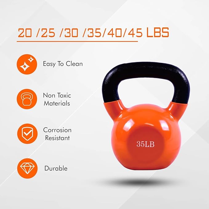 Vinyl Coated Kettlebell - Choose 20, 25, 30, 35, 40, 45 Lbs - Durable, Non-Slip Grip for Home Gym, CrossFit, Strength Training