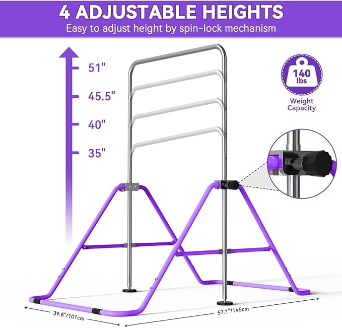 FBSPORT Gymnastics Bar for Kids, Adjustable Height Gymnastic Horizontal Bars,Junior Training Bar Children Folding Training Monkey Bars for Home Using
