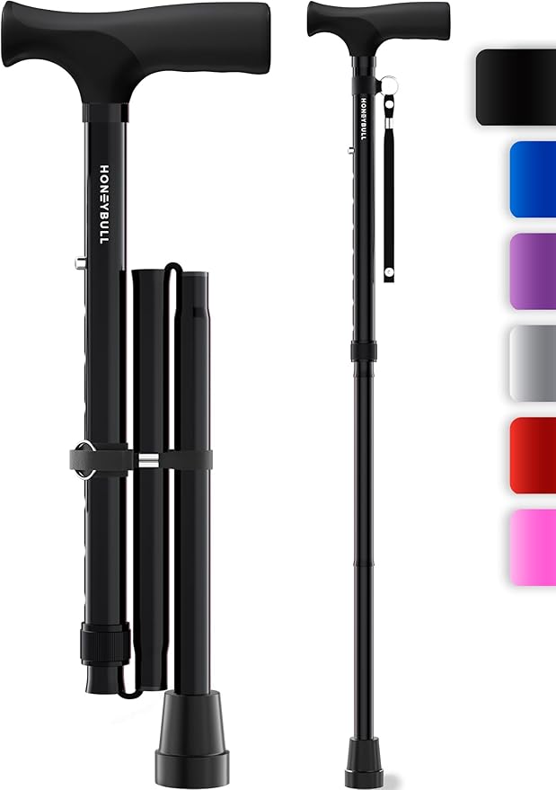 HONEYBULL Foldable Walking Cane for Seniors & Adults – Adjustable 8 Height Settings 30-37", Lightweight Collapsible Cane with Air Cushion Tip, Ergonomic Comfort Grip & Wrist Strap