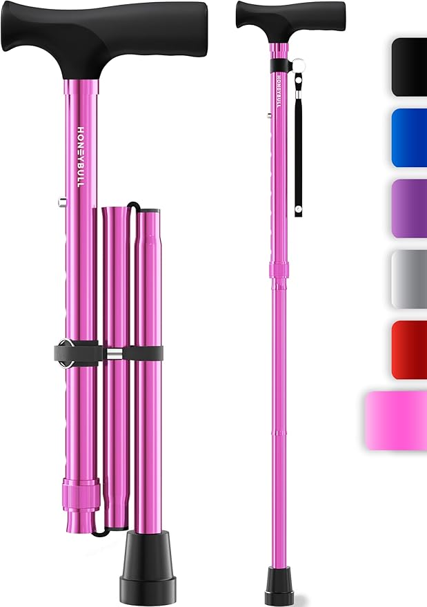 HONEYBULL Foldable Walking Cane for Seniors & Adults – Adjustable 8 Height Settings 30-37", Lightweight Collapsible Cane with Air Cushion Tip, Ergonomic Comfort Grip & Wrist Strap