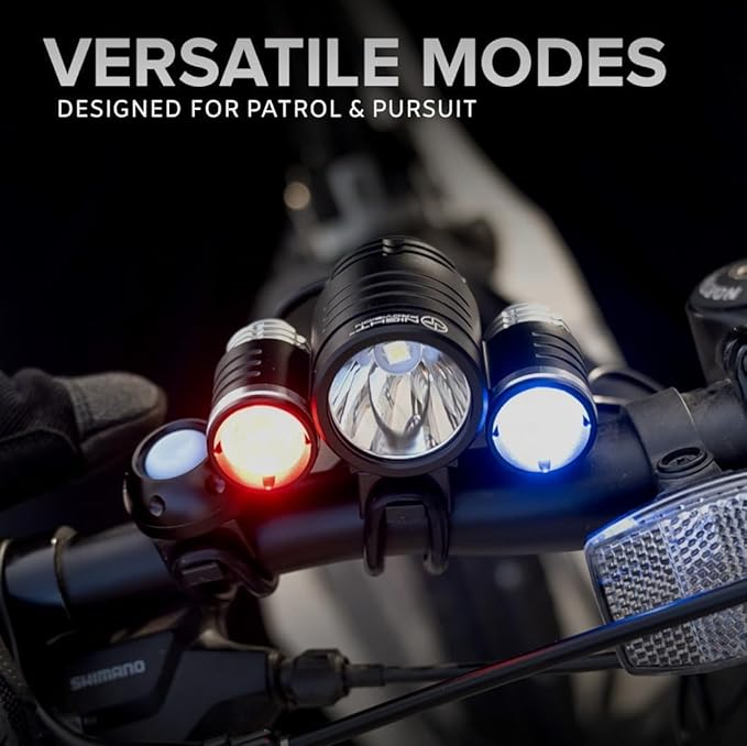 PS1200 Police Patrol Bike Head Light - Red/Blue Strobe LED - Rechargeable 18 hrs Max - Water Resistant - 5 Modes -For Professional Use Only (Front Headlight)
