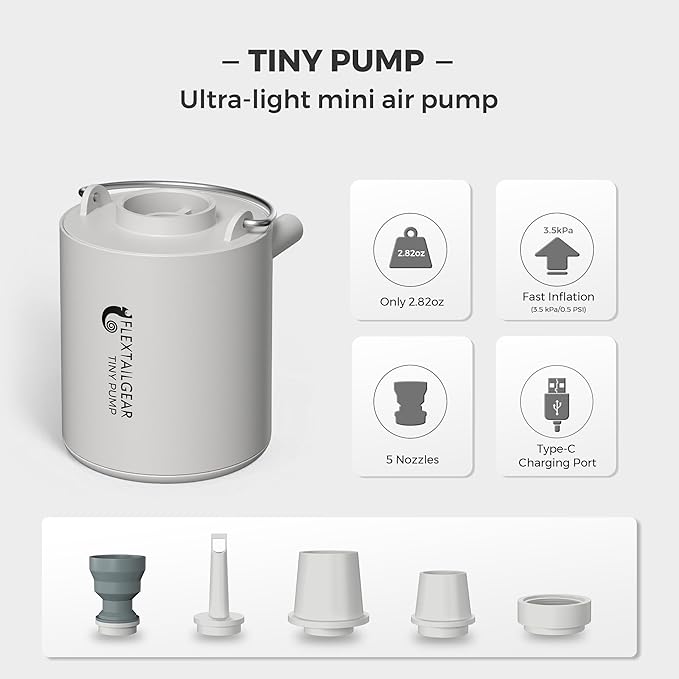 FLEXTAILGEAR Tiny Pump Portable Air Pump Ultra-Mini Air Pump with 1300mAh Battery USB Rechargeable to Inflate Deflate for Pool Floats Air Bed Air Mattress Swimming Ring Vacuum Storage Bags(Light Gray)