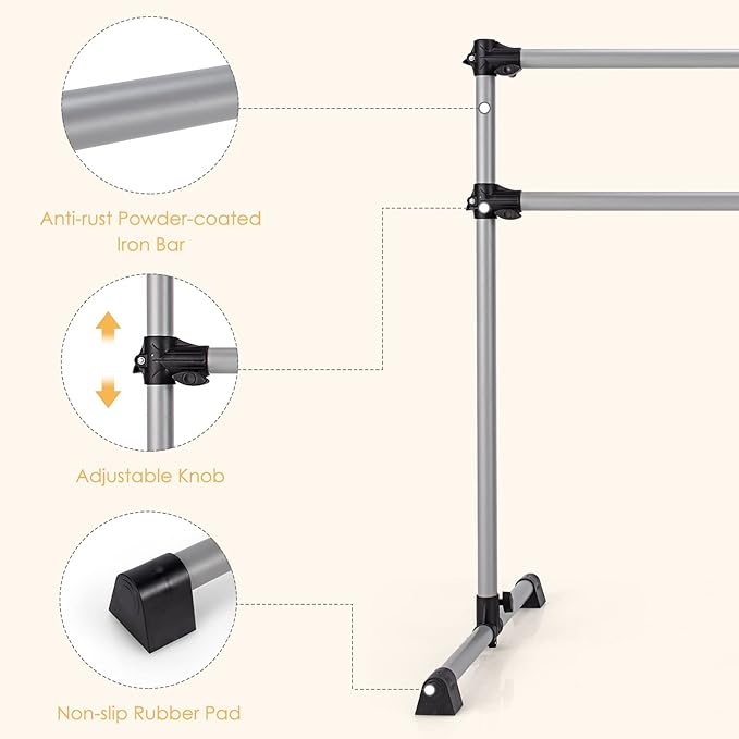 GOFLAME 4FT Ballet Barre Portable, Freestanding Double Ballet Barre Height Adjustable with Anti Slip Base, Heavy Duty Stretch Dance Bar for Home Workout