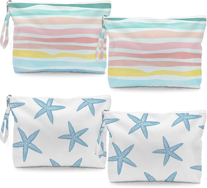 Fokongna 4PCS Wet Dry Bag Waves Rainbow Wet Bag Beach Bags for Swimsuit Toiletry Bags Travel Essentials For Women, Beach Travel Gym for Swimsuit Dirty Diaper Gifts