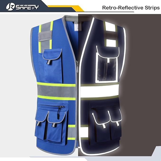JKSafety 10 Pockets Hi-Vis Zipper Front Fluorescent Blue Safety Vest | Cushioned Collar | High Reflective Tapes with Extended Neon Yellow Strips | Meets ANSI/ISEA Standards (XX-Large, 89-Blue)