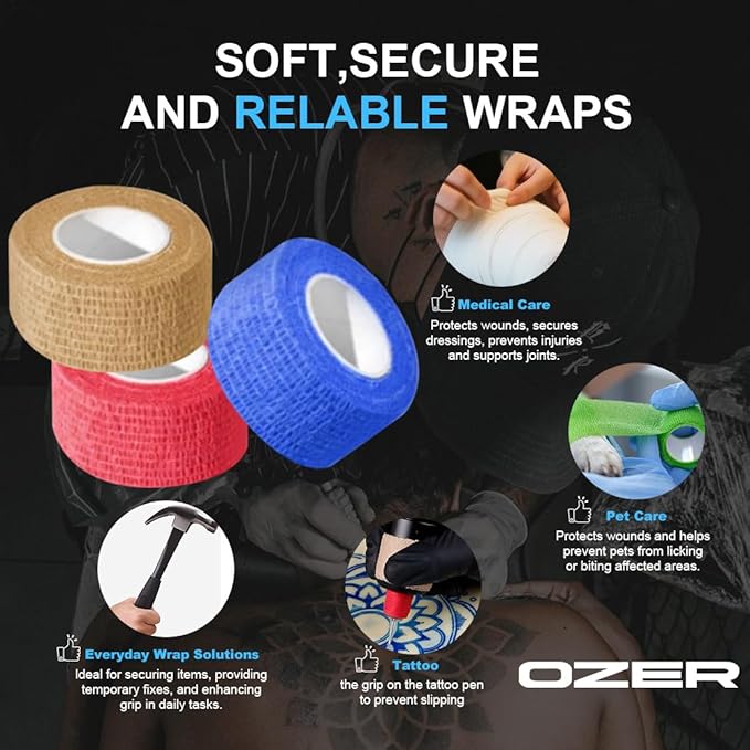 OZER 12 Pack 1 Inch x 5 Yards Self Adhesive Bandage Breathable Cohesive Bandage Wrap Rolls Elastic Self-Adherent Tape for Stretch Athletic, Sports, Wrist, Ankle (1 lnch Colorful, 1lnch)