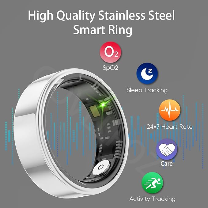 Smart Ring Health Tracker, Fitness Sleep and Heart Rate Monitor Smart Ring, Waterproof Bluetooth Fitness Tracker Ring IPX68 Waterproof (Silver, 8)