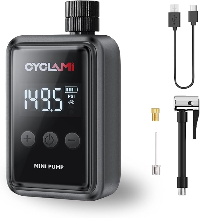 150 PSI Electric Bike Pump - Mini Portable Air Compressor with Digital Pressure Gauge, Auto-Off, Fast USB-C Charging for Presta/Schrader Valves - Cordless Bicycle Tire Inflator for Road/MTB