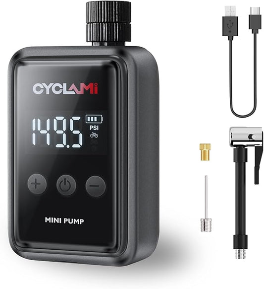 150 PSI Electric Bike Pump - Mini Portable Air Compressor with Digital Pressure Gauge, Auto-Off, Fast USB-C Charging for Presta/Schrader Valves - Cordless Bicycle Tire Inflator for Road/MTB