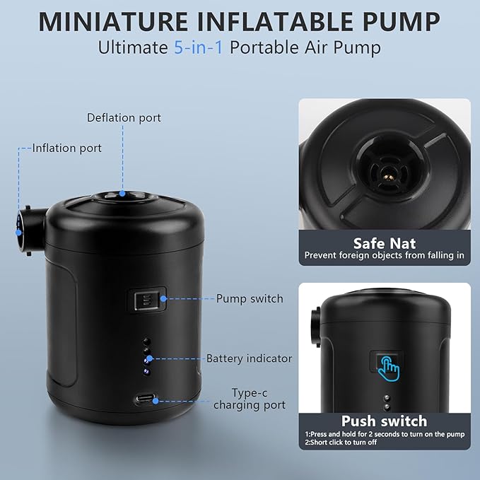 Portable Electric air Pump,Type-c Charging,Inflate Deflate for Pool Floats, Air Bed, Air Mattress Swimming Ring, Vacuum Storage Bags