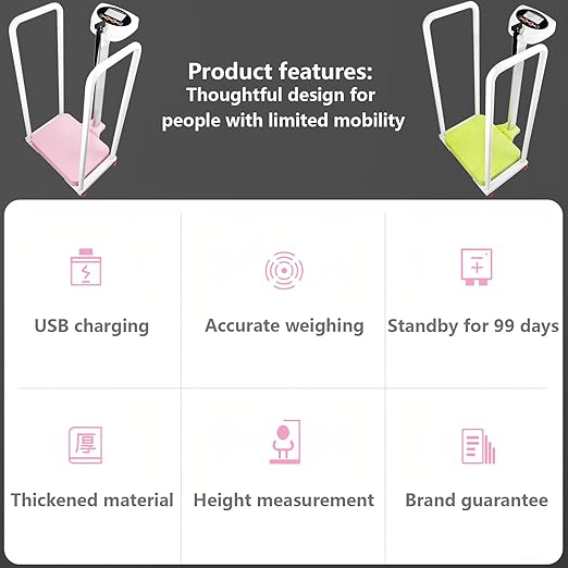 Armrest Electronic Medical Height and Weight Scale,20" L x 12" W x34 H, Up to 420lb Weight Capacity, 75” Height Measurement, LCD Display, USB Charging, Temperature Display (Lotus Root Pink)