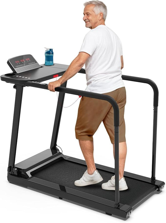 Redliro Treadmill for Seniors with Long Handrails - Recovery Machine for Walking 300 lbs Weight Capacity - Walking Treadmill Elderly with Desk & Cup Holder (Glossy Black)