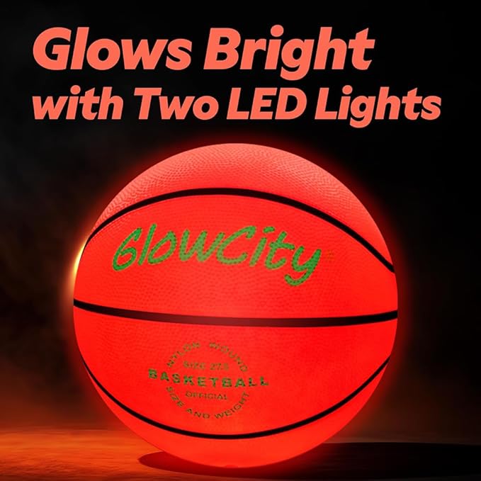 GlowCity Glow in The Dark Basketball - Sizes 5, 6, 7 Light Up Ball for Kids, Teens & Adults - Red Glow for Outdoor Games - Sports Birthday Gifts Ideas for Boys Ages 6 7 8 9 10 11 12 13 14