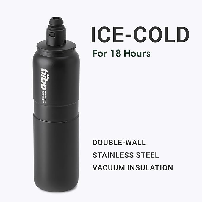tiibo Vacuum Insulated Stainless Steel Bike Water Bottle, Double Wall, No-Squeeze, Fast Flow Sport Nozzle, Designed for Cycling, Biking, Fitness & Sports, Fits Most Bike Cages (Black, 23OZ)