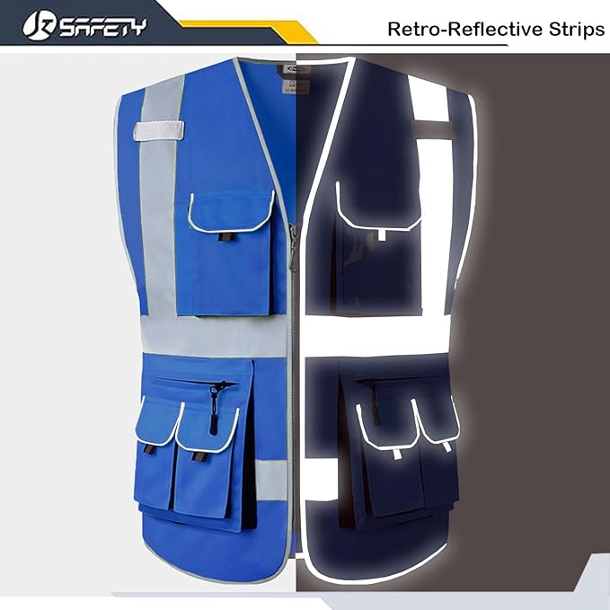 JKSafety 10 Pockets Blue Color Safety Vest Zipper Front with High Reflective Strips Meets ANSI/ISEA Standards (88-Blue, XX-Large)