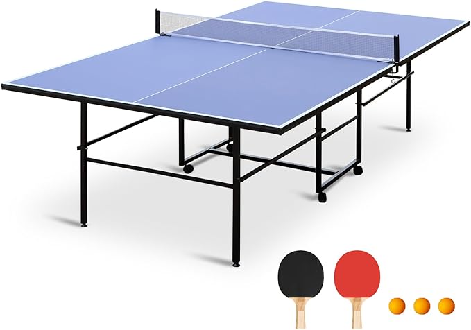 Professional Table Tennis Table, Foldable Ping Pong Game Set for Indoor, 8FT 9FT Single Player Playback Mode Ping Pong Table with Net and Post Set, 2 Paddles and 3 Balls