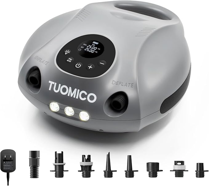 Tuomico 25PSI Paddle Board Pump Electric Portable Sup Air Pump-14.8V Rechargeable Battery Powered, 4 Mins Blow up, Auto-Off for Inflatable Paddleboard Kayak Boat Kite Wing