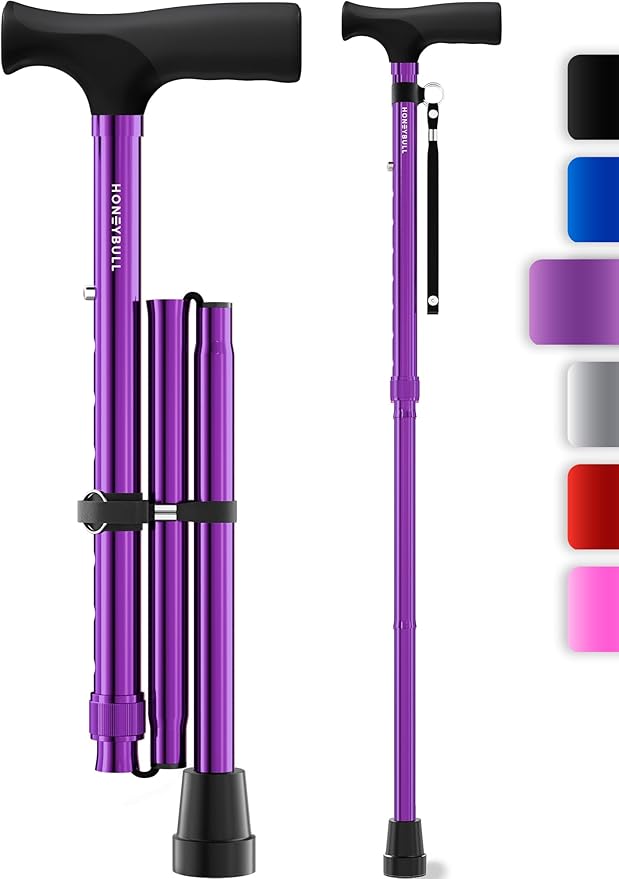 HONEYBULL Foldable Walking Cane for Seniors & Adults – Adjustable 8 Height Settings 30-37", Lightweight Collapsible Cane with Air Cushion Tip, Ergonomic Comfort Grip & Wrist Strap