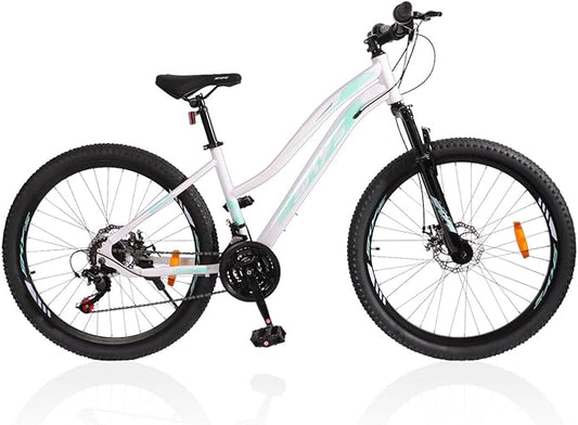HappyHugs Women’s 26 Inch Mountain Bike, Low-Step Frame, 21-Speed Twist Shifters, Dual Disc Brakes, Front Suspension, 26×2.35 All-Terrain Tires for City Commute & Park Trails