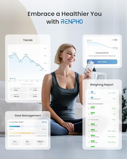 RENPHO Smart Scale for Body Weight, Digital Bathroom Scale BMI Weighing Bluetooth Body Fat Scale, Body Composition Monitor Health Analyzer with Smartphone App (Marble, 11"/280mm)
