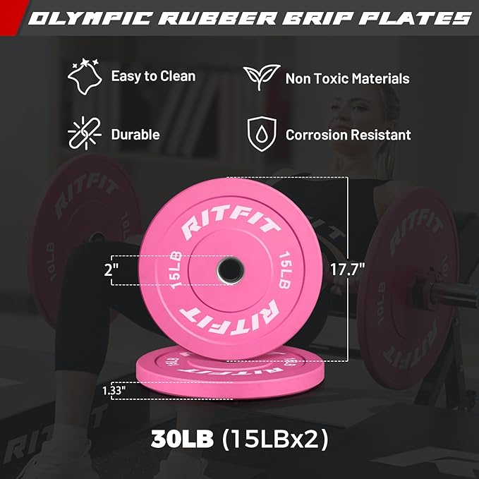 RITFIT Pink Weight Plates, 2 Inch Olympic Barbell Weight Plate, Bumper Plates With Steel Insert, Pink Weights for Gym and Home