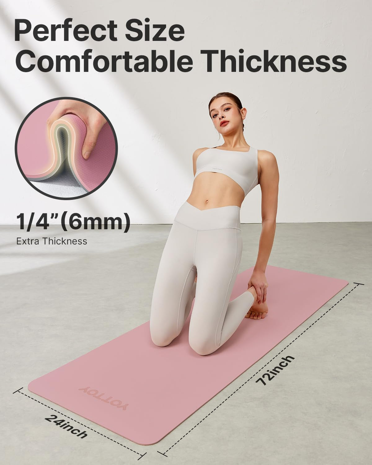 YOTTOY Yoga Mat, Non-Slip TPE Exercise Mat (1/4 Inch) for Pilates, Fitness & Barefoot Workouts, Home Gym Studio with Strap & Bag (Rose, 24 * 0.24 Inches)