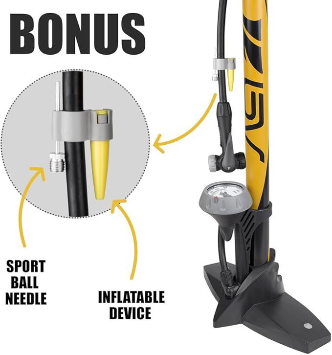 BV Bicycle Pump Durable Bike Floor Pump 17/24 inch Smart Valve Head, 160 psi, Automatically Reversible Presta and Schrader