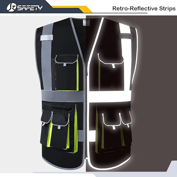 JKSafety 10 Pockets High Visibility Zipper Front Black Safety Vest with High Reflective Strips Meets ANSI/ISEA Standards (3X-Large, 88-Black)