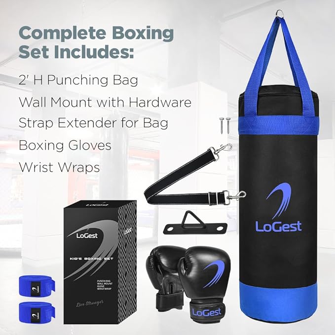 LoGest Punching Bag for Kids Boxing Set - Suitable for Kids Punching Bags 3-8 Years of Age - Boxing Gloves & Hand Wraps Included - Youth Children Boxing MMA Kickboxing Muay Thai Karate Punching Bag