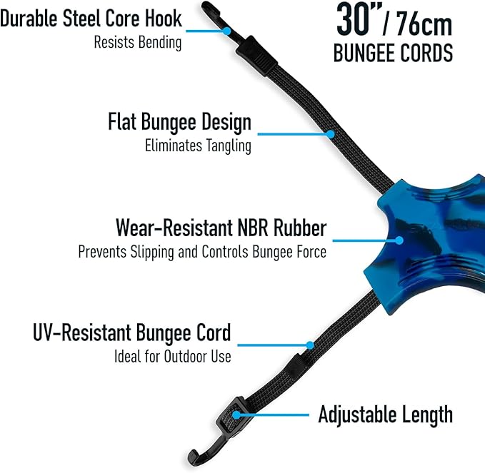 Tack Strap – 4-Way Flat Bungee Cord with Rubber Pad Grip, Non-Slip Tie Down Straps for Motorcycle, ATV, Kayak, Cycling, Camping, Truck Storage, Adjustable Bungee Cords - 2 Pack (Black & Blue)