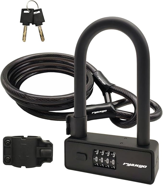 Bike U Lock, Heavy Duty Anti Theft U Lock with 6ft Steel Cable, 4-Digit Combination Type Bicycle U Lock with Mounting Bracket for Bike, Motorcycle, Scooter, Door, Fence