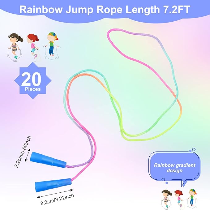 Kids Jump Rope,20 Pack Rainbow Jump Rope Set,7.2 Ft Adjustable Skipping Rope,Durable Jump Ropes with Plastic Handles,Vibrant Jumping Ropes for Outdoor Fun Exercise Fitness Activity Party Favors(20)
