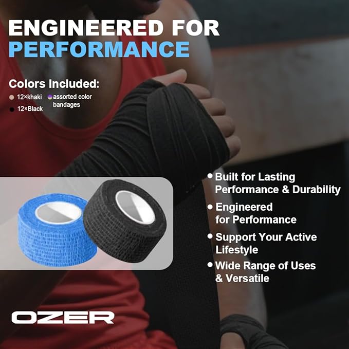 OZER 12 Pack 1 Inch x 5 Yards Self Adhesive Bandage Breathable Cohesive Bandage Wrap Rolls Elastic Self-Adherent Tape for Stretch Athletic, Sports, Wrist, Ankle (1 lnch Colorful, 1lnch)
