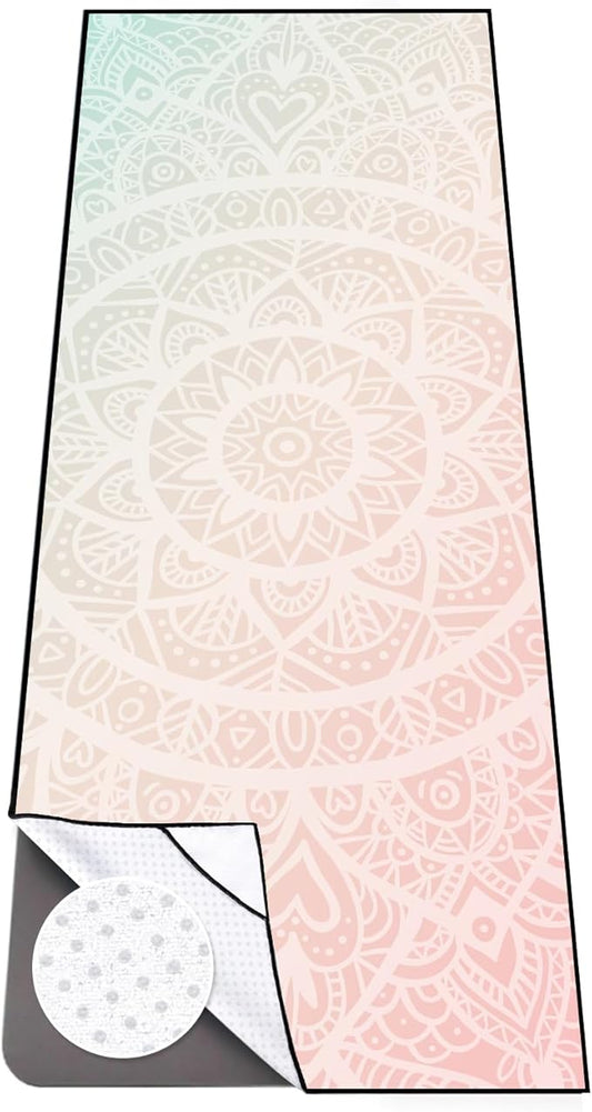 Colorful Star Yoga Towel with Corner Pockets, Non Slip Grip Dots Sweat Absorbent Hot Yoga Mat Towels, Soft Yoga Blankets with Travel Bag, Mat Cover for Workout, Gym, Fitness - 70"x26", Pink Mandala