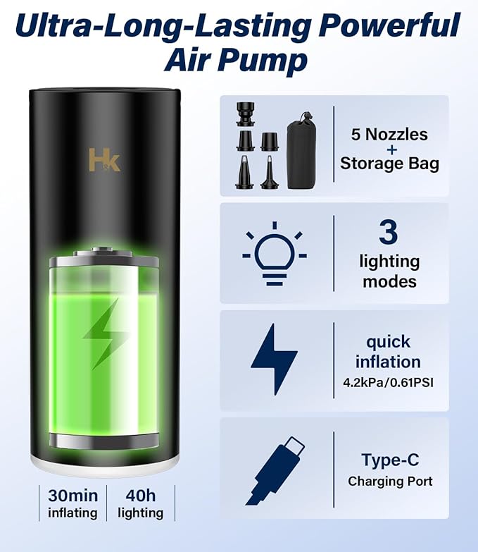 HK Air Pump for Inflatables, Air Mattress Pump 4000mAh Battery & Camping Light, USB Rechargeable Electric Mini Air Pump Inflate Deflate for Pool Floats, Vacuum Storage Bags