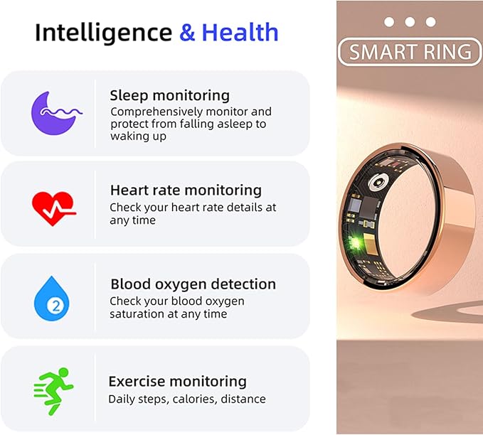 HitTopss Smart Ring, Fitness Tracking Smart Ring with Calories/Heart Rate/Blood Oxygen/Sleep Monitoring, IP68 Waterproof, No APP Subscription (Black, Size 9)